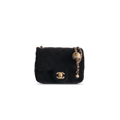 CHANEL MINI FLAP BAG VELVET, DIAMANT & GOLD-TONE METAL BLACK AS1786 (18*13*7cm)